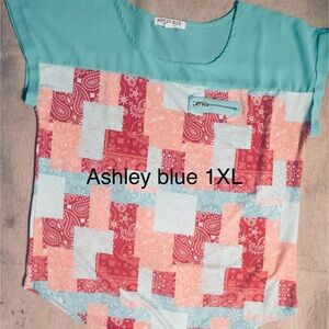 Ashley Blue Teal, Coral & Light Blue Patchwork Top